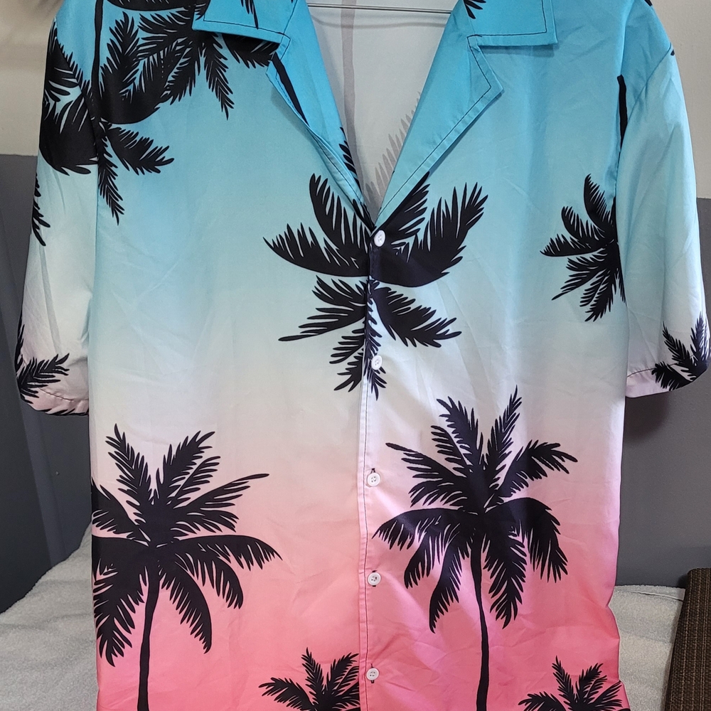 Tropical Palm Tree Print Shirt - Blue and Pink